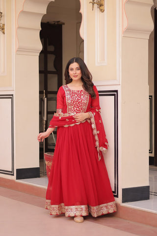 Red Elegant Faux Blooming Embroidered Gown Set with Designer Dupatta ClothsVilla