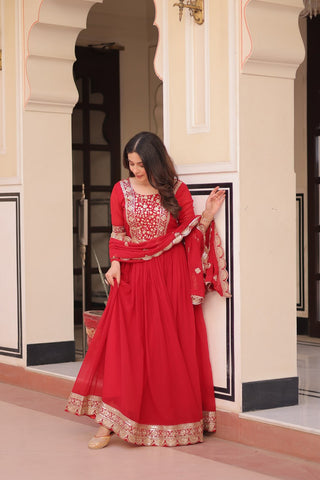 Red Elegant Faux Blooming Embroidered Gown Set with Designer Dupatta ClothsVilla