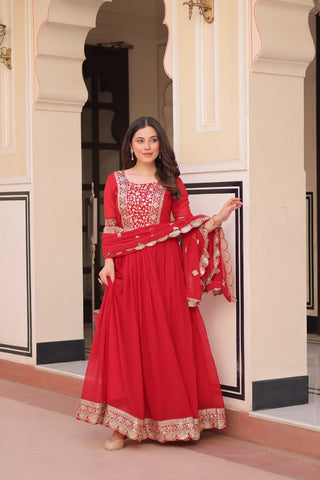 Red Elegant Faux Blooming Embroidered Gown Set with Designer Dupatta ClothsVilla