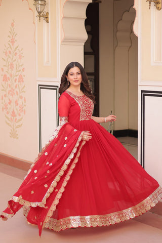 Red Elegant Faux Blooming Embroidered Gown Set with Designer Dupatta ClothsVilla