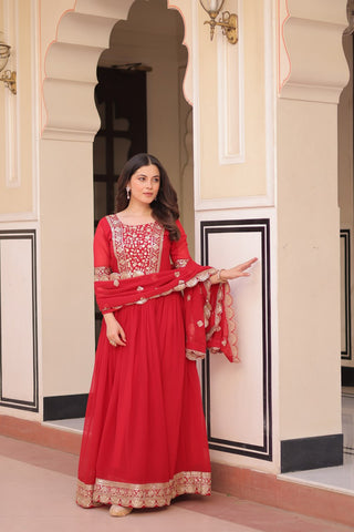 Red Elegant Faux Blooming Embroidered Gown Set with Designer Dupatta ClothsVilla