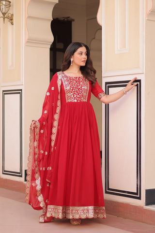 Red Elegant Faux Blooming Embroidered Gown Set with Designer Dupatta ClothsVilla