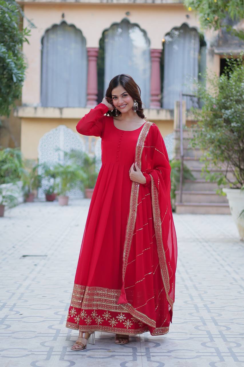 Red Elegant Faux Blooming Embroidered Gown with Dupatta