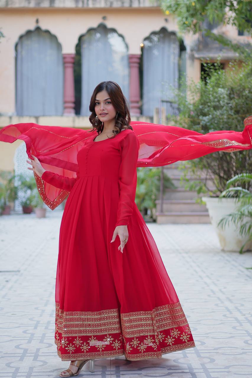 Red Elegant Faux Blooming Embroidered Gown with Dupatta