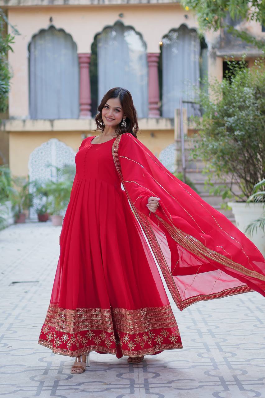 Red Elegant Faux Blooming Embroidered Gown with Dupatta