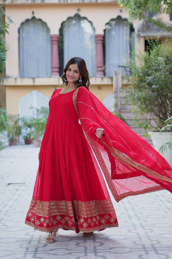 Red Elegant Faux Blooming Embroidered Gown with Dupatta