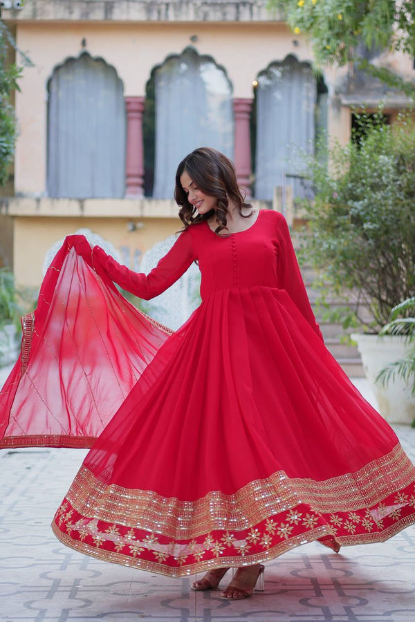 Red Elegant Faux Blooming Embroidered Gown with Dupatta