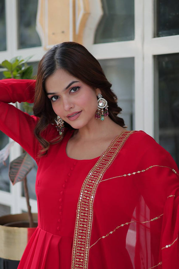 Red Elegant Faux Blooming Embroidered Gown with Dupatta