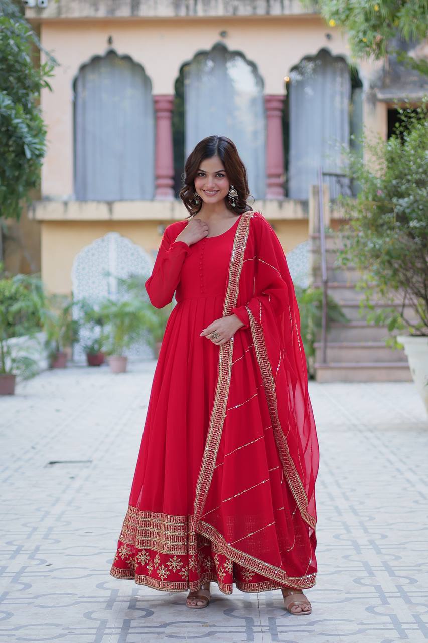Red Elegant Faux Blooming Embroidered Gown with Dupatta