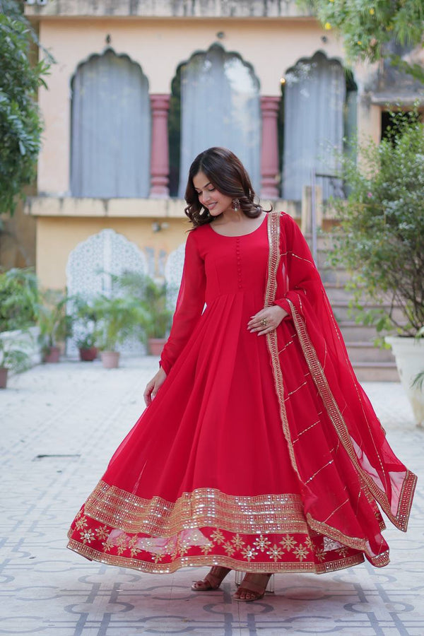 Red Elegant Faux Blooming Embroidered Gown with Dupatta