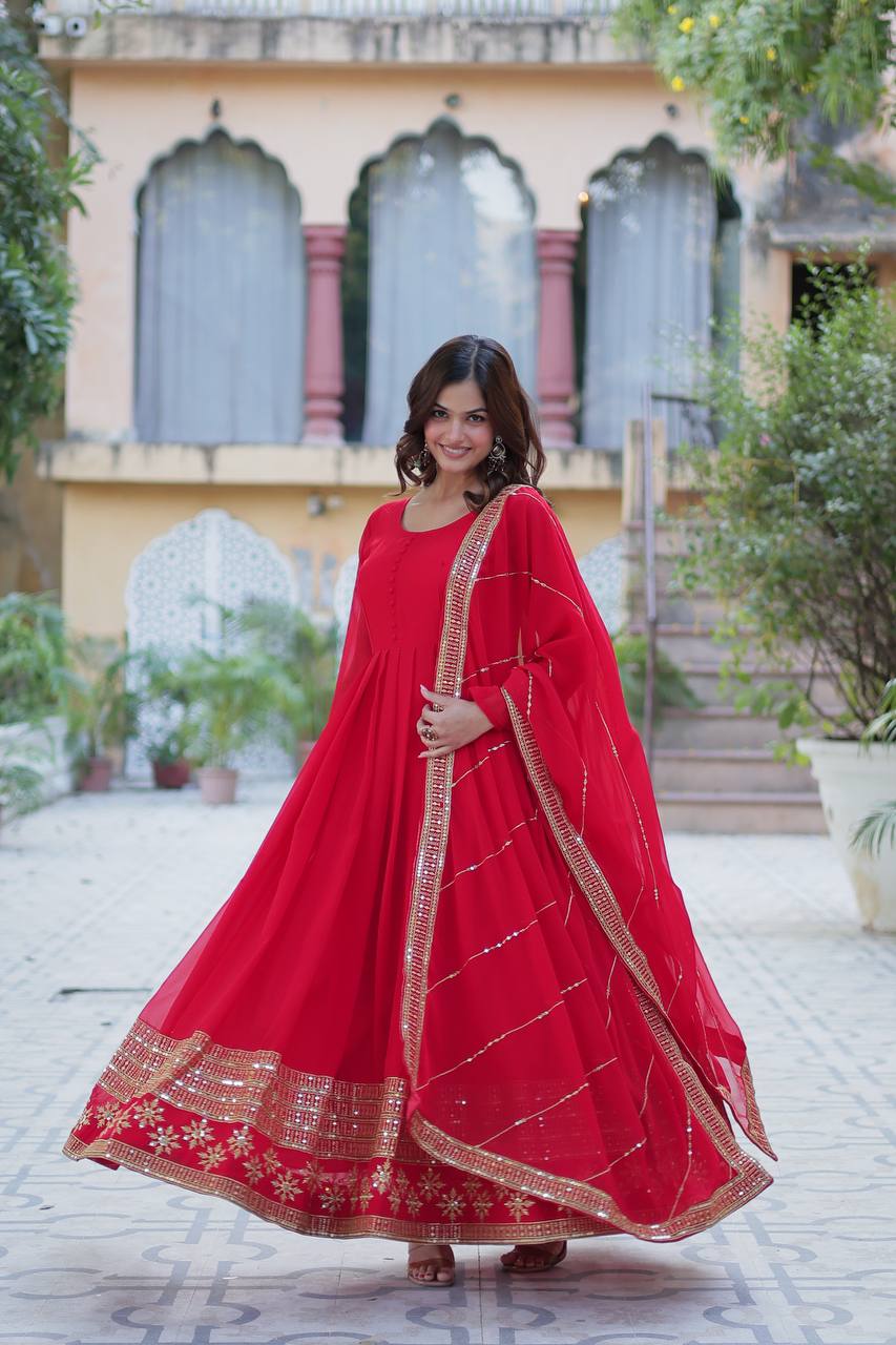 Red Elegant Faux Blooming Embroidered Gown with Dupatta