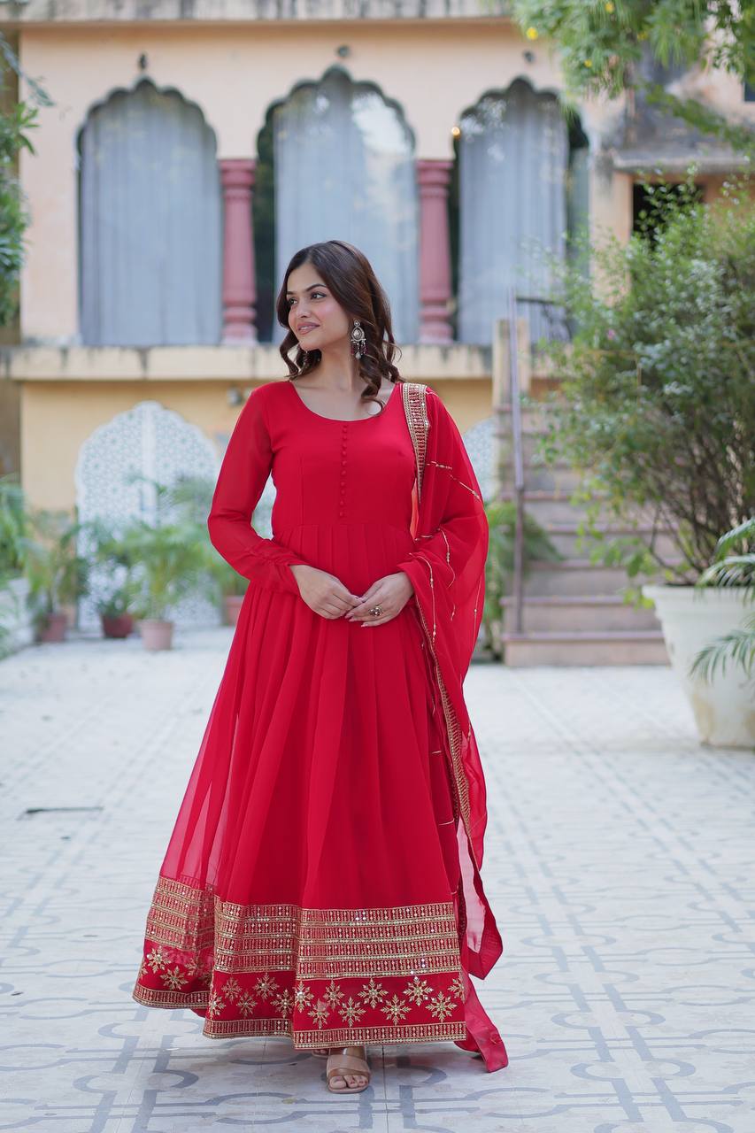 Red Elegant Faux Blooming Embroidered Gown with Dupatta Main image