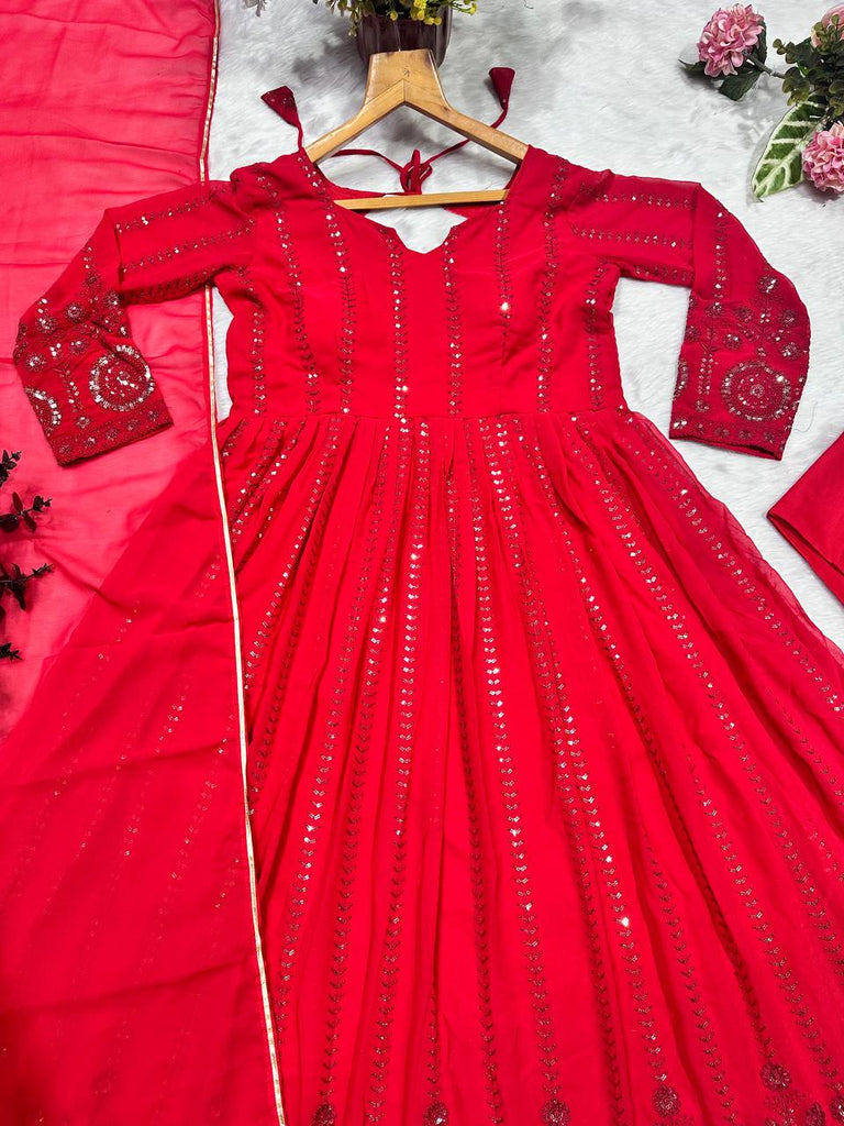 Red Elegant Faux Georgette Anarkali Suit Set with All-Over Embroidery ClothsVilla