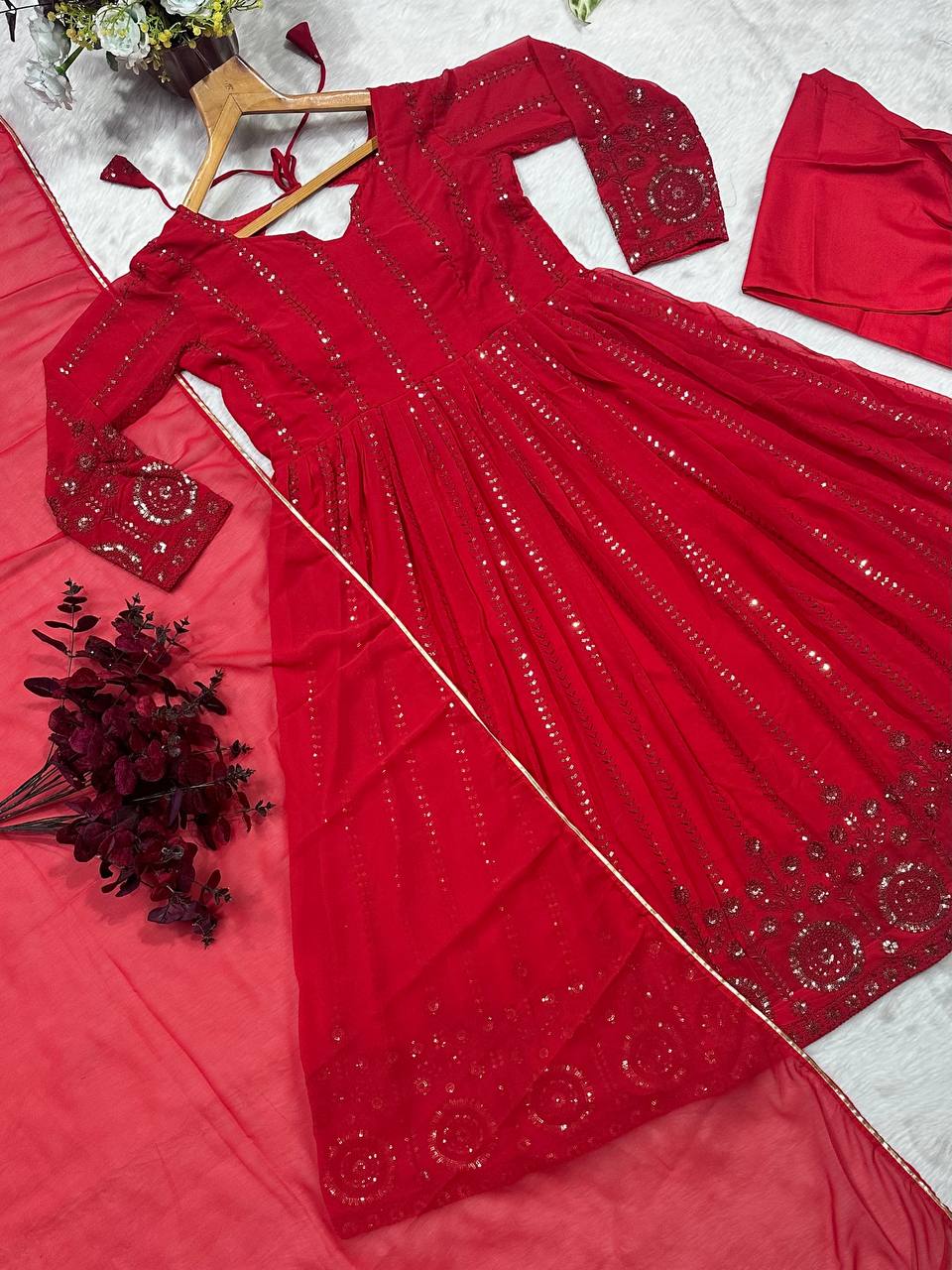 Red Elegant Faux Georgette Anarkali Suit Set with All-Over Embroidery ClothsVilla