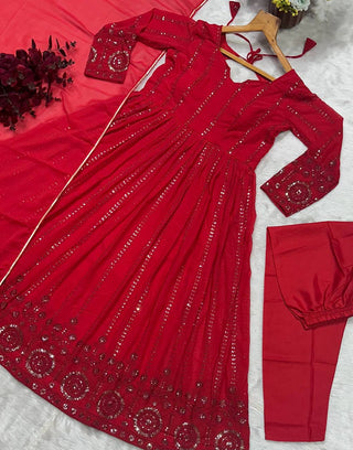 Red Elegant Faux Georgette Anarkali Suit Set with All-Over Embroidery ClothsVilla