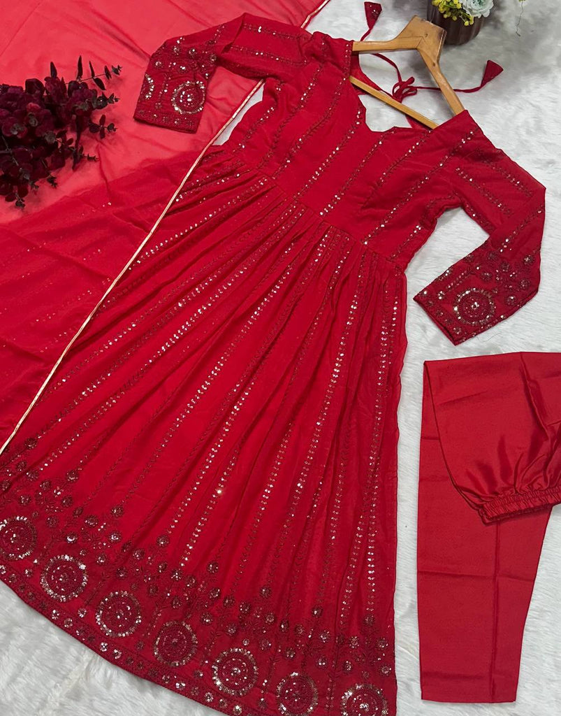 Red Elegant Faux Georgette Anarkali Suit Set with All-Over Embroidery ClothsVilla