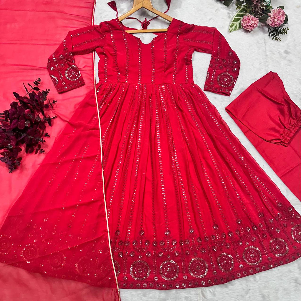 Red Elegant Faux Georgette Anarkali Suit Set with All-Over Embroidery ClothsVilla