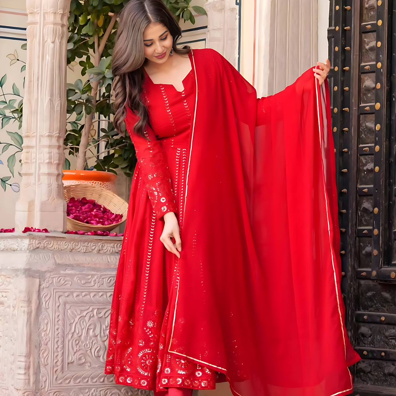 Red Elegant Faux Georgette Anarkali Suit Set with All-Over Embroidery ClothsVilla