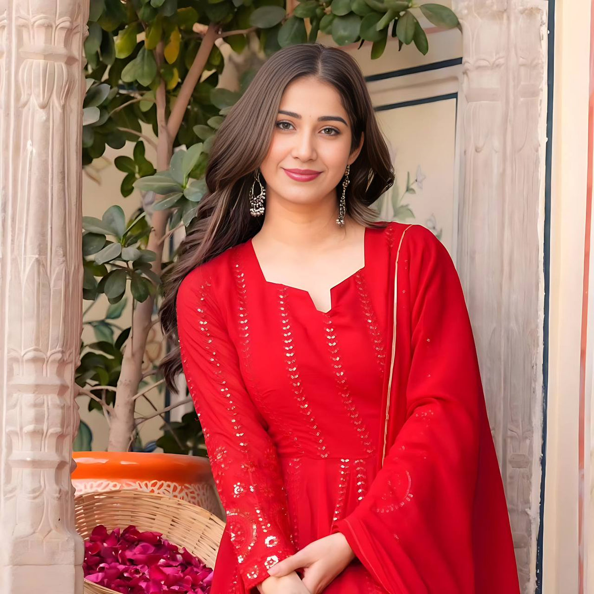 Red Elegant Faux Georgette Anarkali Suit Set with All-Over Embroidery ClothsVilla