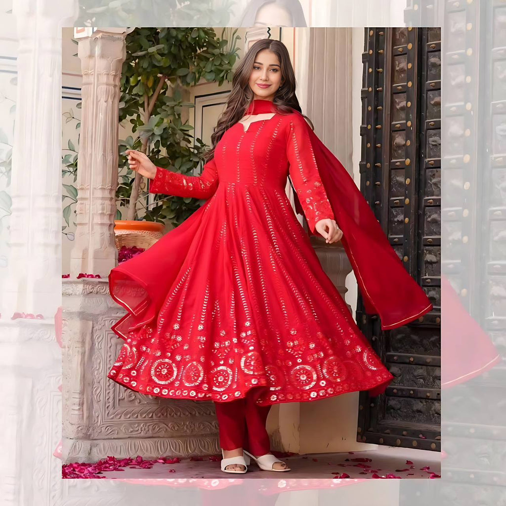 Red Elegant Faux Georgette Anarkali Suit Set with All-Over Embroidery ClothsVilla