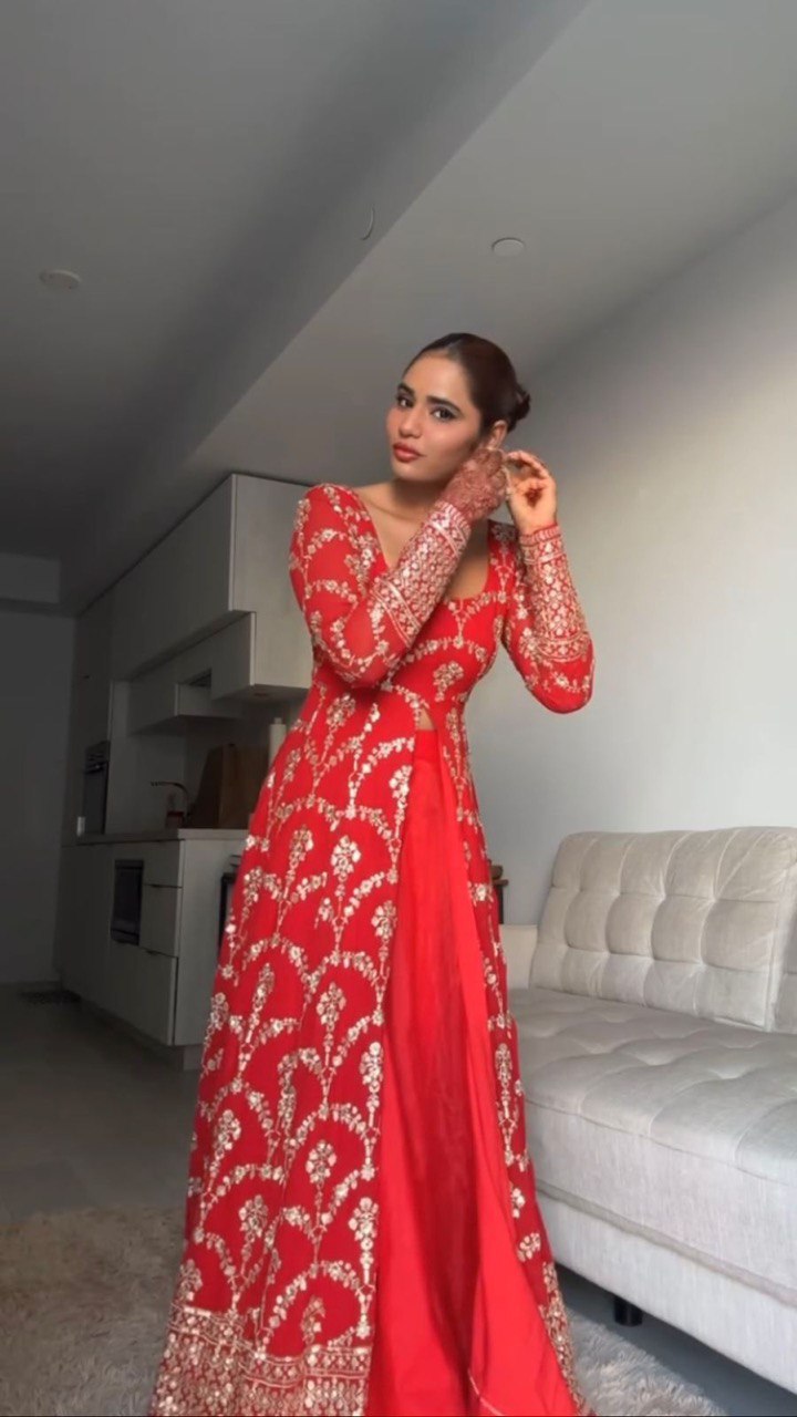 Red Elegant Faux Georgette Embroidered Suit with Micro Cotton Pant
