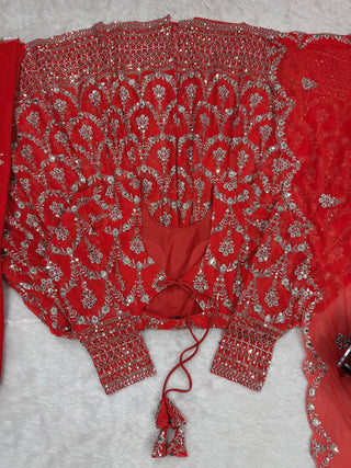 Red Elegant Faux Georgette Embroidered Suit with Micro Cotton Pant
