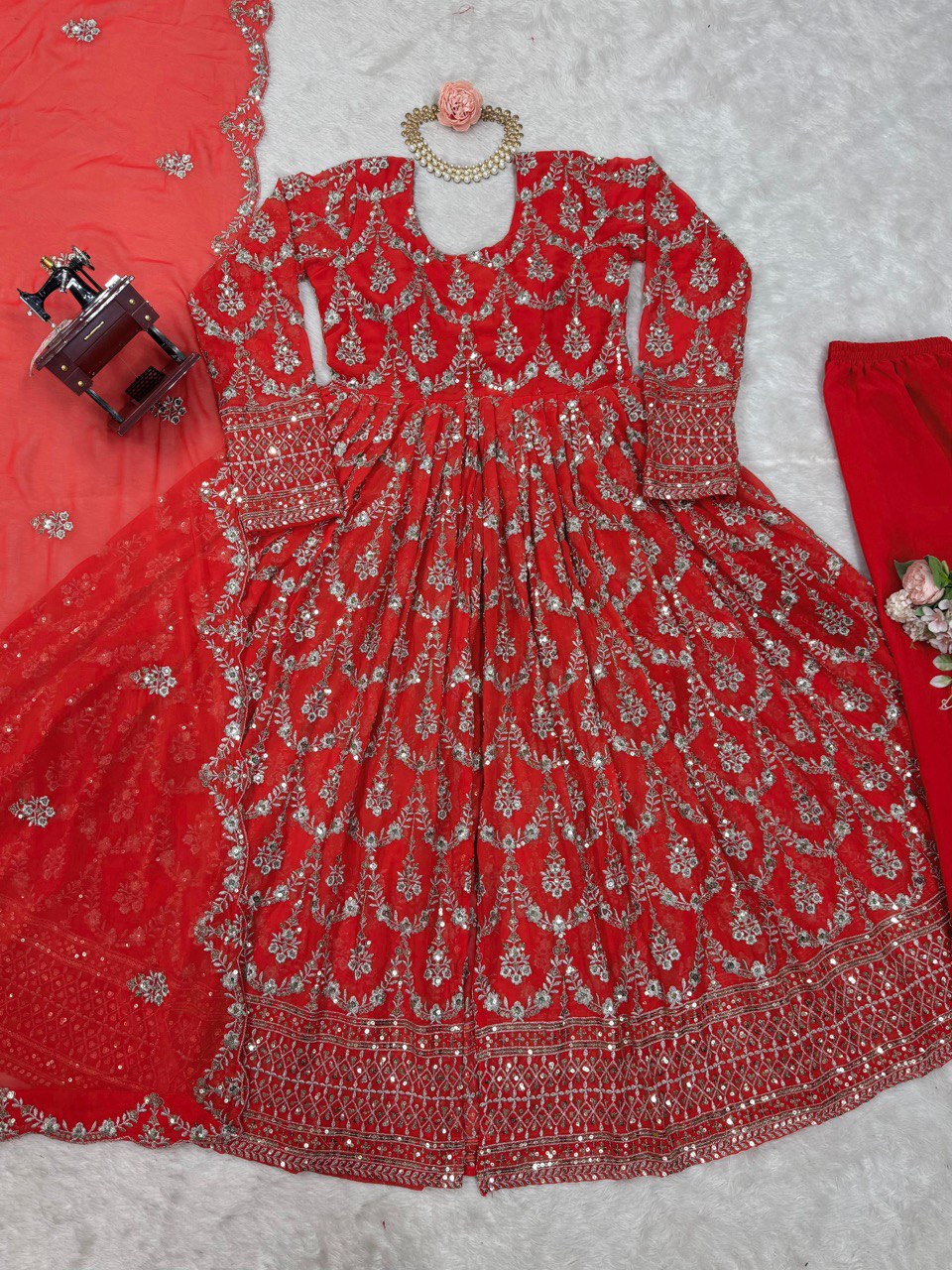 Red Elegant Faux Georgette Embroidered Suit with Micro Cotton Pant