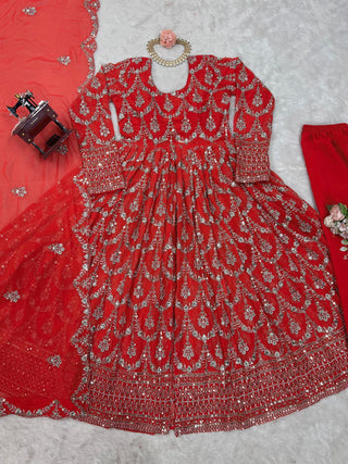 Red Elegant Faux Georgette Embroidered Suit with Micro Cotton Pant