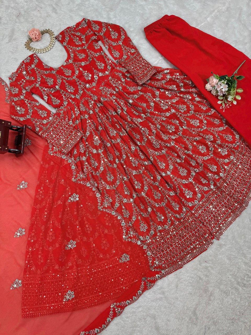 Red Elegant Faux Georgette Embroidered Suit with Micro Cotton Pant