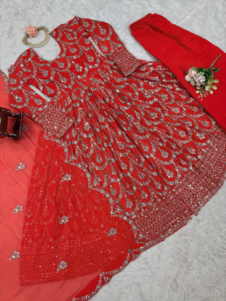Red Elegant Faux Georgette Embroidered Suit with Micro Cotton Pant