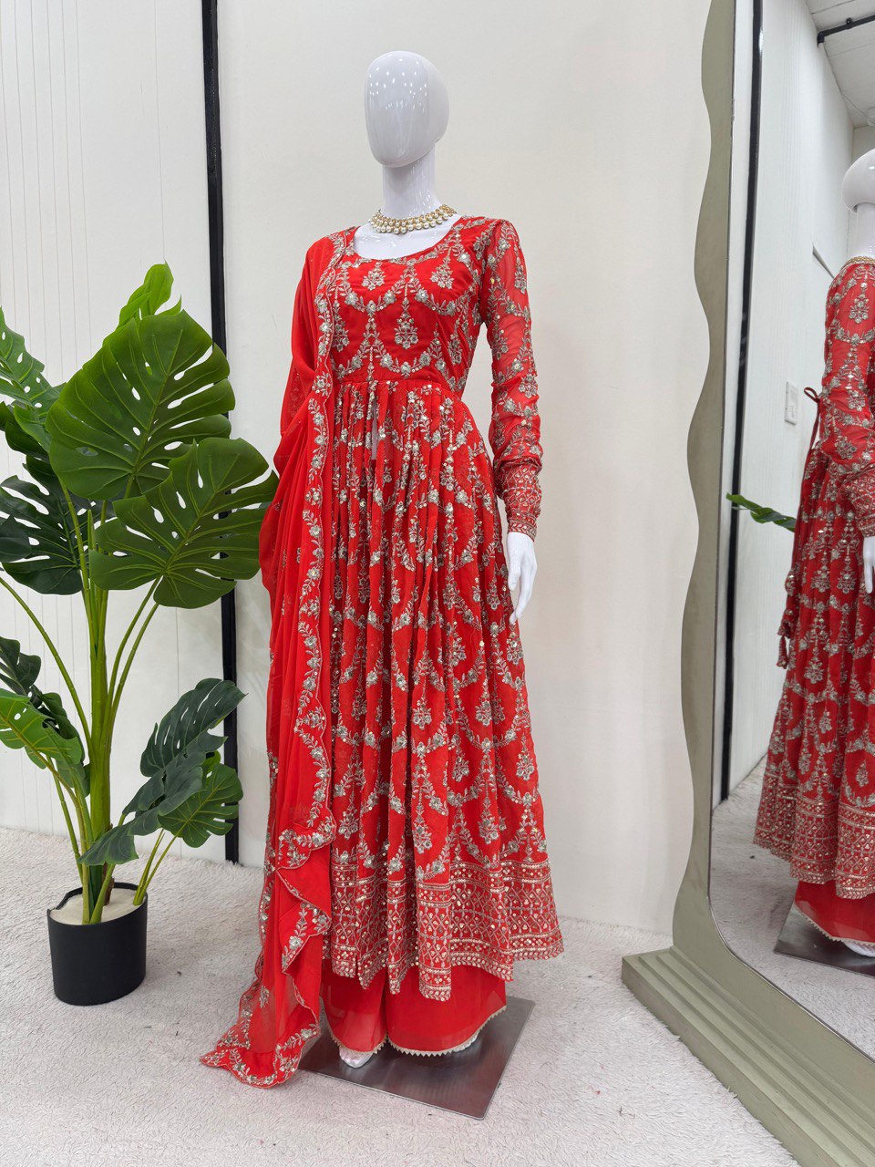 Red Elegant Faux Georgette Embroidered Suit with Micro Cotton Pant