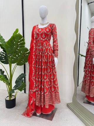 Red Elegant Faux Georgette Embroidered Suit with Micro Cotton Pant