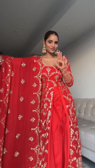 Red Elegant Faux Georgette Embroidered Suit with Micro Cotton Pant