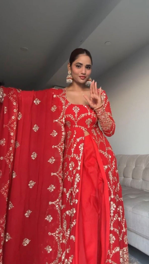 Red Elegant Faux Georgette Embroidered Suit with Micro Cotton Pant