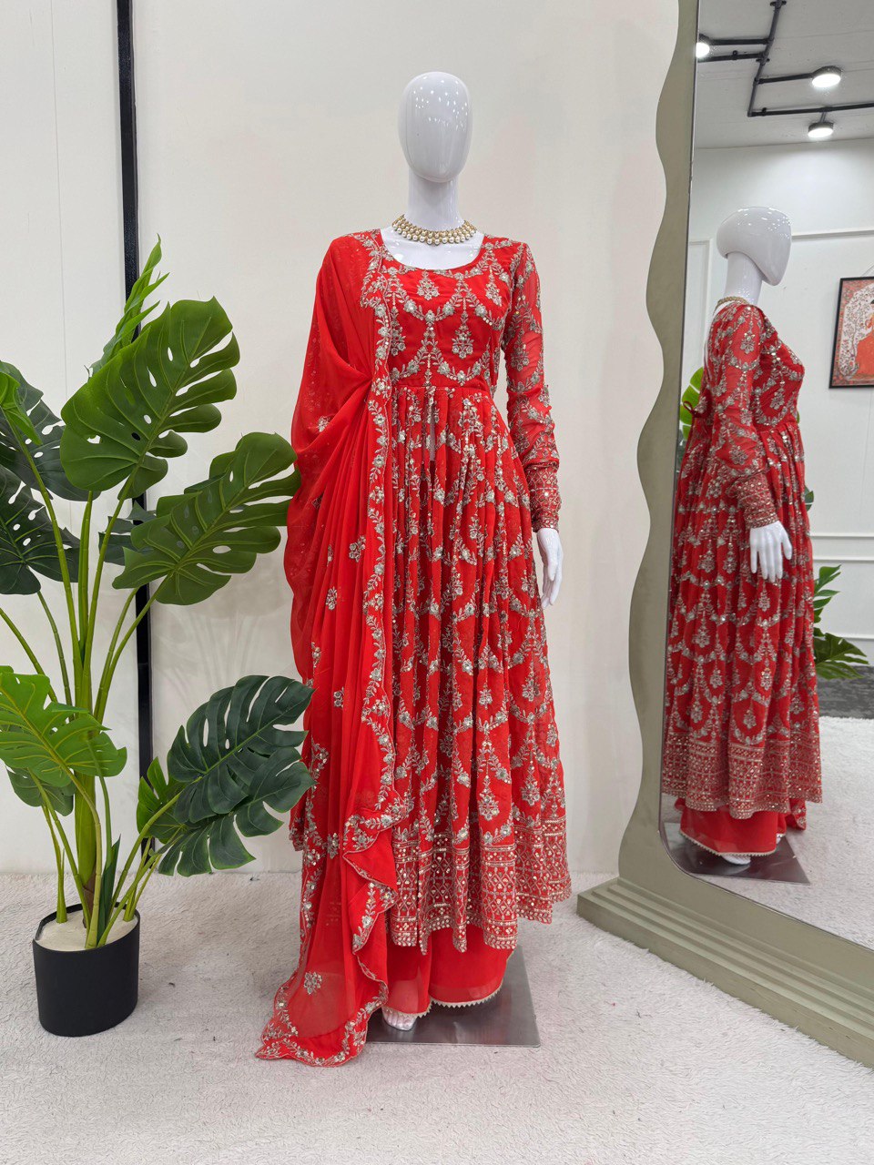 Red Elegant Faux Georgette Embroidered Suit with Micro Cotton Pant