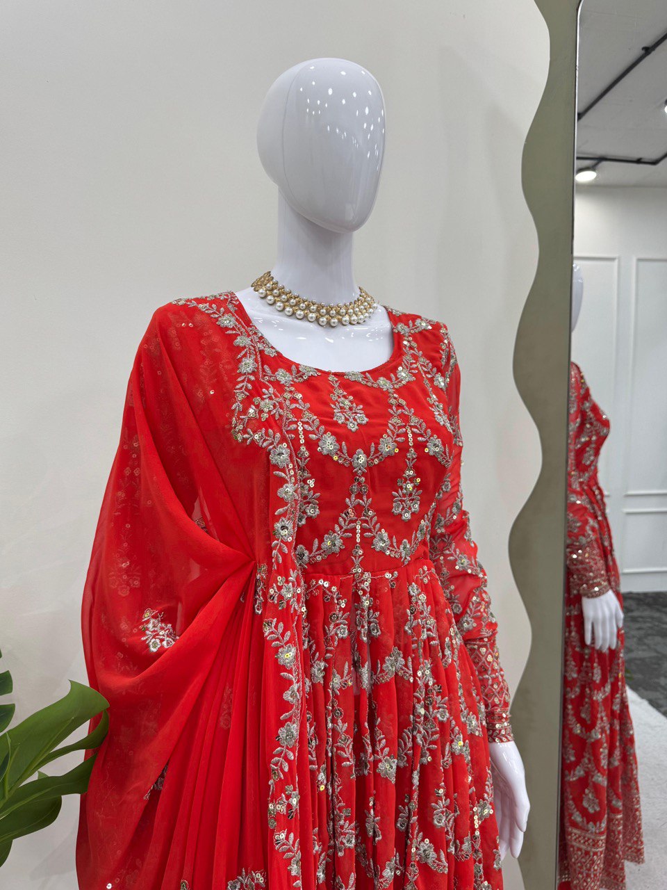 Red Elegant Faux Georgette Embroidered Suit with Micro Cotton Pant