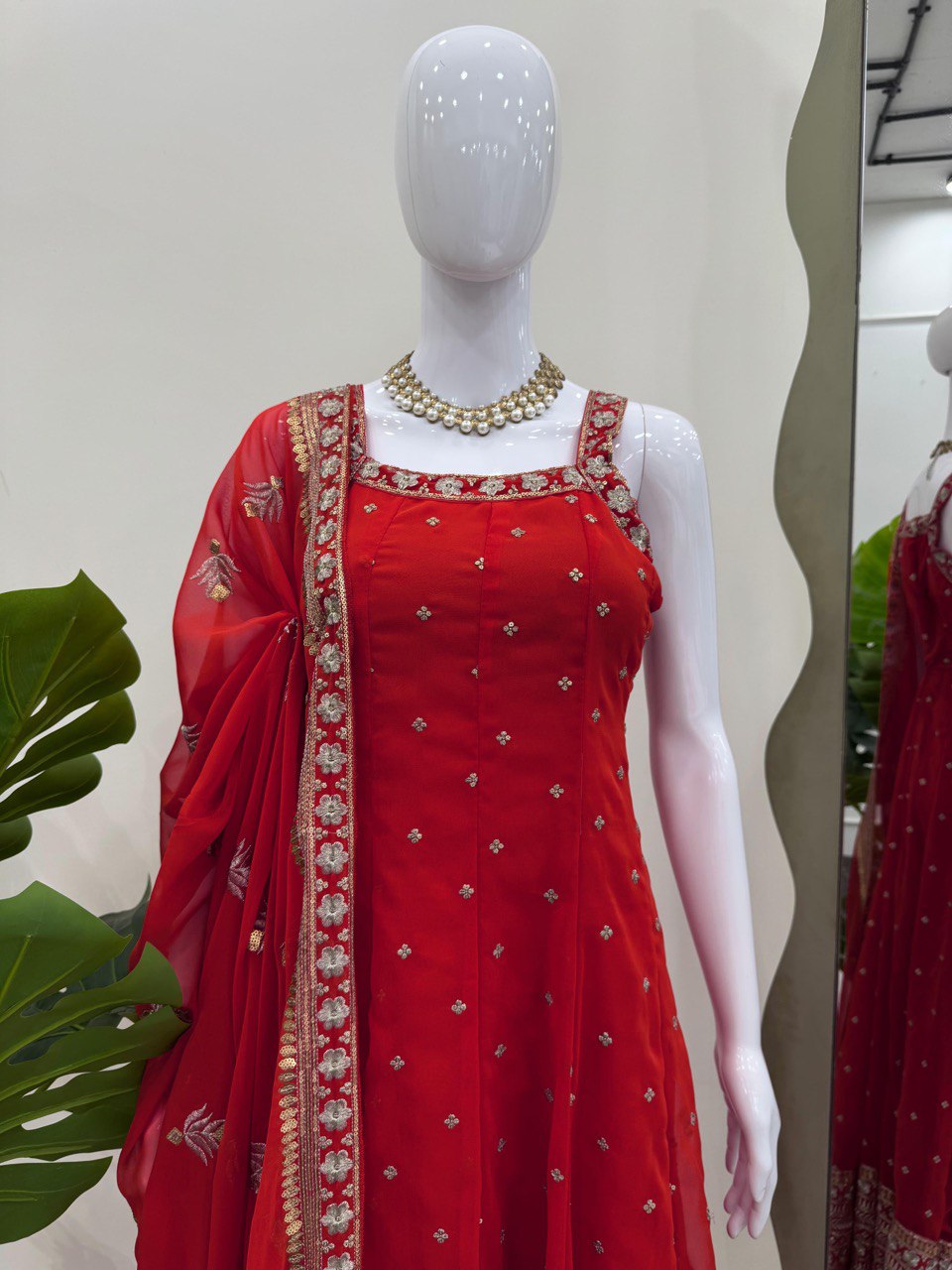Red Elegant Faux Georgette Embroidered Gown with Dupatta Secondary image