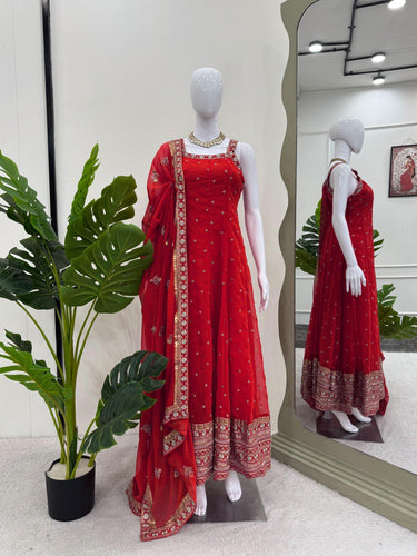 Red Elegant Faux Georgette Embroidered Gown with Dupatta ClothsVilla