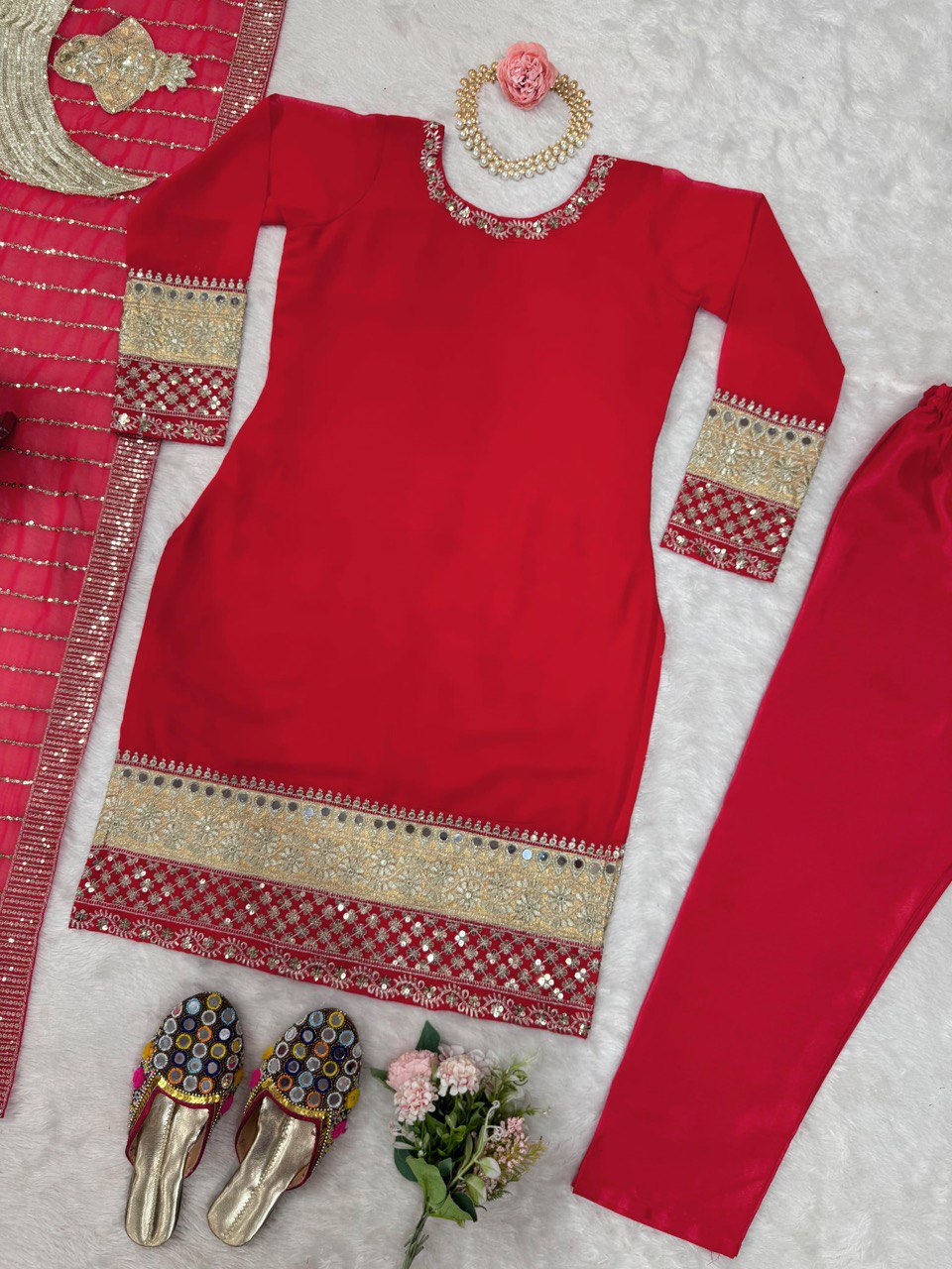 Red Elegant Faux Georgette Ensemble with Real Mirror Work