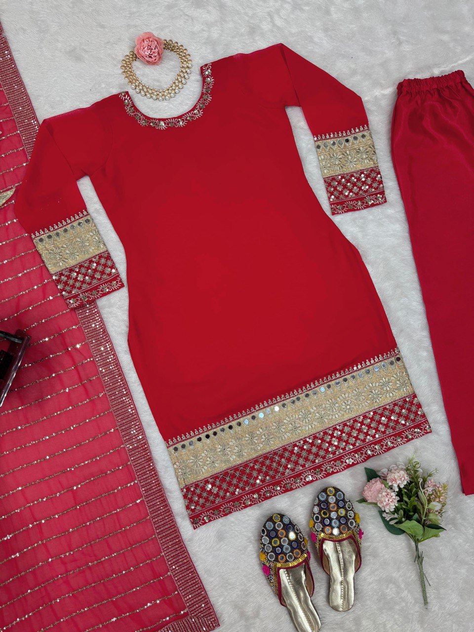 Red Elegant Faux Georgette Ensemble with Real Mirror Work