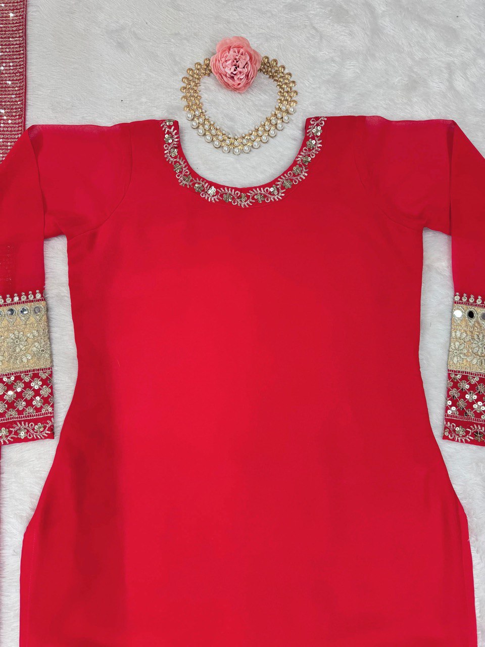 Red Elegant Faux Georgette Ensemble with Real Mirror Work