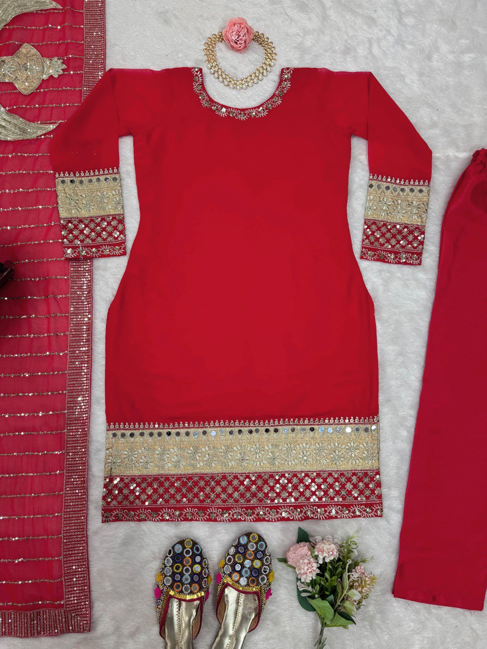 Red Elegant Faux Georgette Ensemble with Real Mirror Work