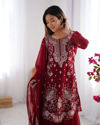 Red Elegant Faux Georgette Sharara Set ClothsVilla