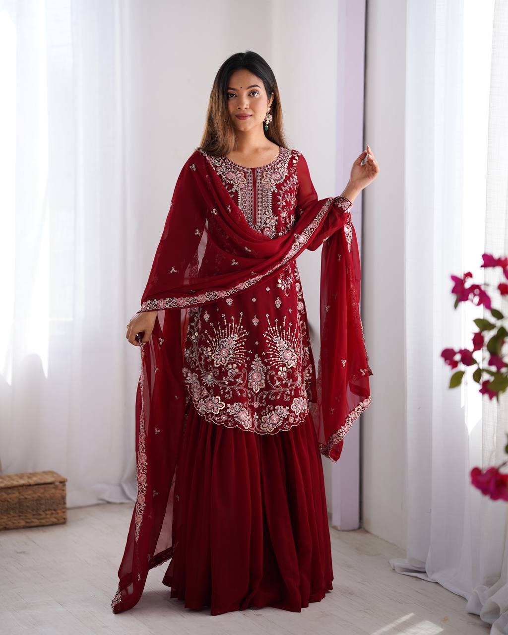 Red Elegant Faux Georgette Sharara Set ClothsVilla Main image