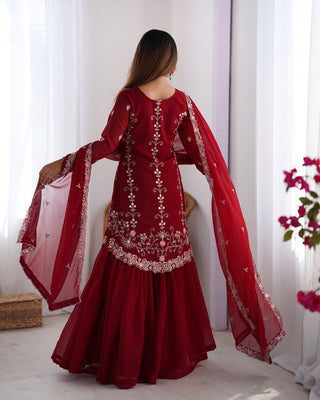 Red Elegant Faux Georgette Sharara Set ClothsVilla