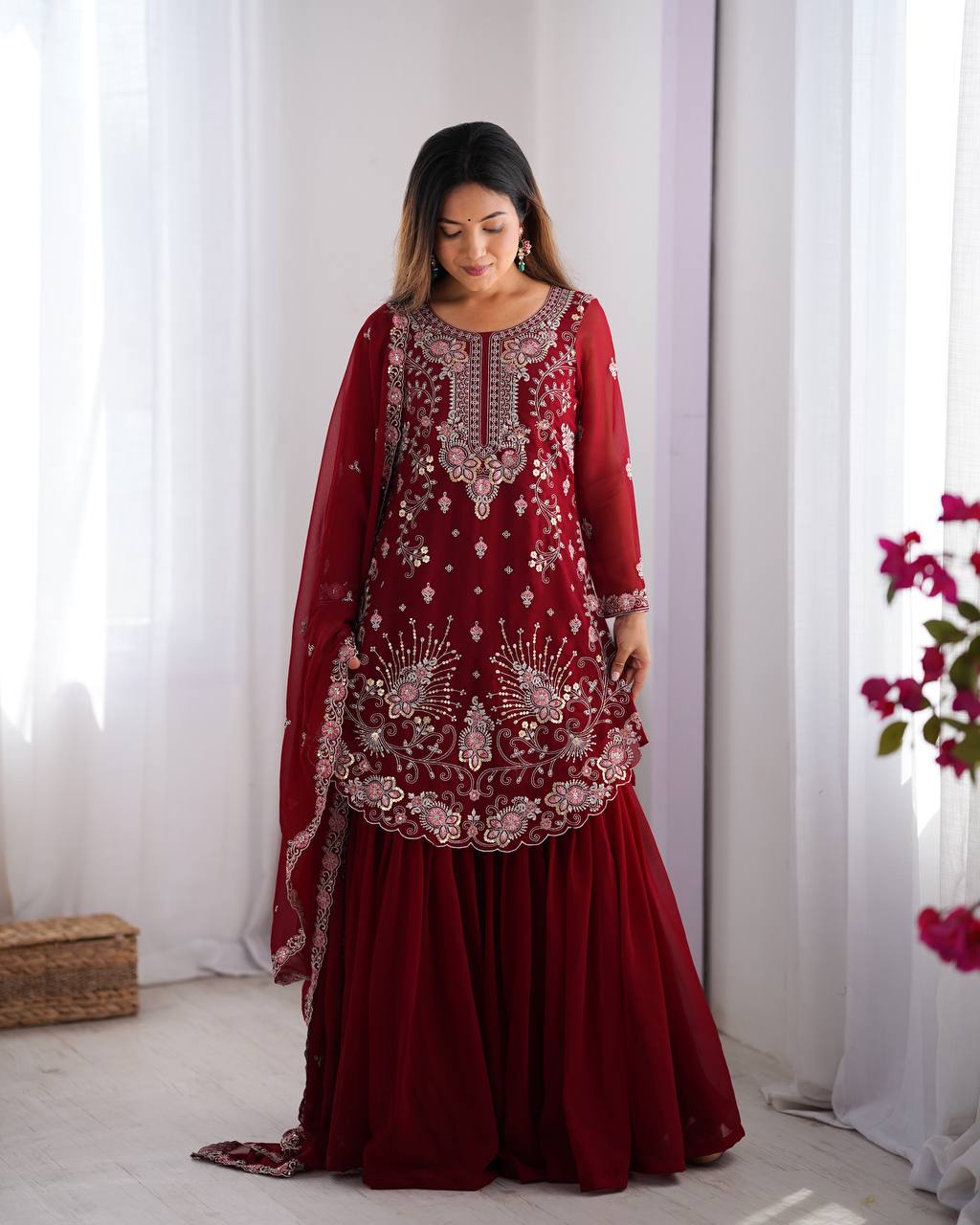 Red Elegant Faux Georgette Sharara Set ClothsVilla