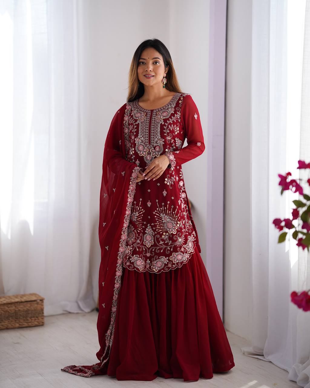 Red Elegant Faux Georgette Sharara Set ClothsVilla