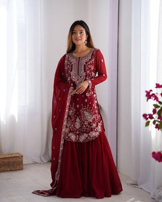 Red Elegant Faux Georgette Sharara Set ClothsVilla