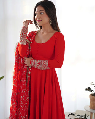 Red Elegant Georgette Anarkali Gown Set – Festive & Wedding Ready
