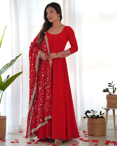 Red Elegant Georgette Anarkali Gown Set – Festive & Wedding Ready